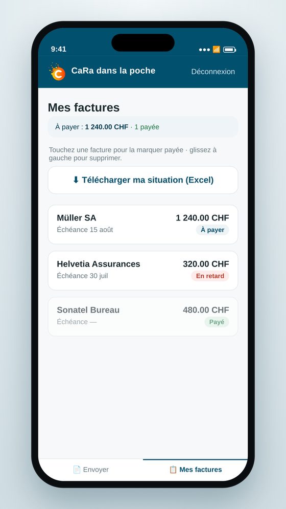 Écran Mes factures avec le suivi et l'export Excel