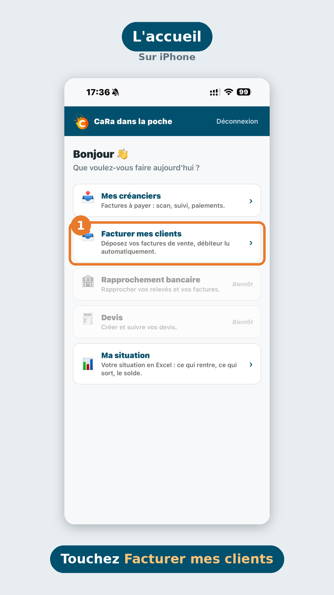 Accueil de l'app : tuile « Facturer mes clients »