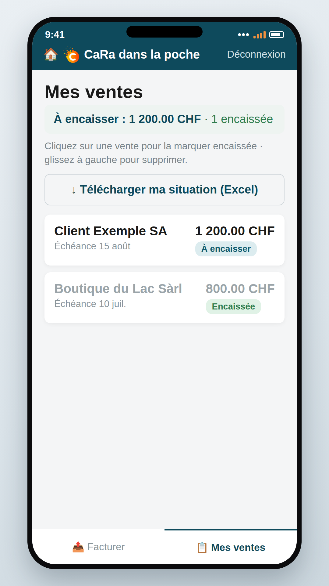 Écran « Mes ventes » : à encaisser, encaissée