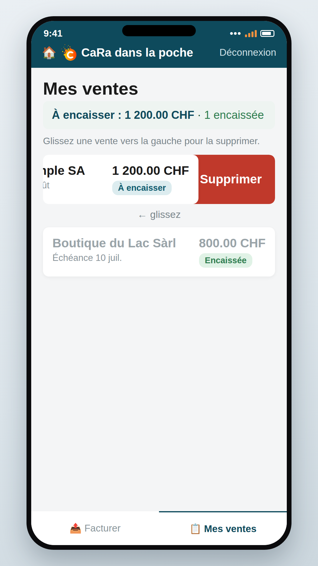 Glisser une vente vers la gauche pour la supprimer